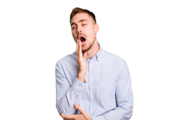 Young caucasian man cut out isolated yawning showing a tired gesture covering mouth with hand.