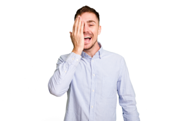 Young caucasian man cut out isolated having fun covering half of face with palm.