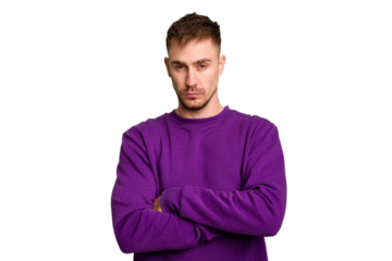 Young caucasian man cut out isolated unhappy looking in camera with sarcastic expression.