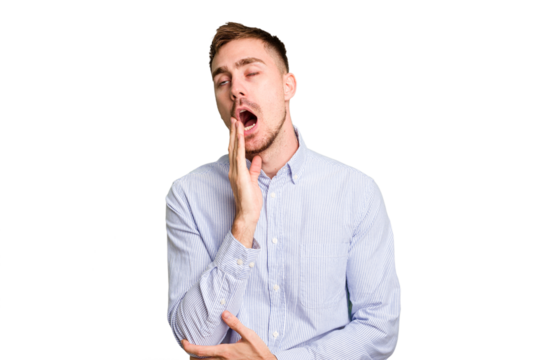 Young caucasian man cut out isolated yawning showing a tired gesture covering mouth with hand.