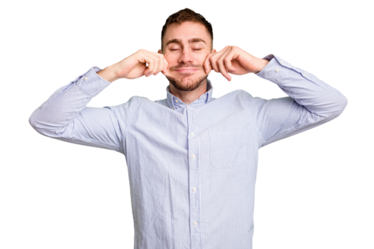 Young caucasian man cut out isolated doubting between two options.