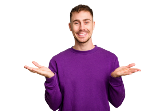 Young caucasian man cut out isolated makes scale with arms, feels happy and confident. - Powered by Adobe