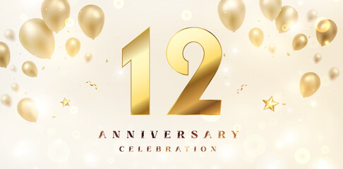 12th Anniversary celebration background. 3D Golden numbers with bent ribbon, confetti and balloons.