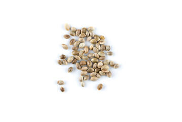 Cannabis hemp seeds pile close up macro shot isolated