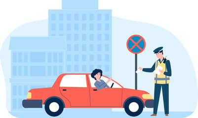 Policeman and driver. Traffic cop give parking ticket, driving mistake. Officer fine to man in car, prohibited park auto. Recent vector city scene with inspector