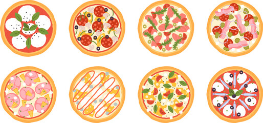 Fototapeta na wymiar Tasty pizza set. Pizzas with onion salami and cheese, raw ingredients. Italian food top view icons. Cartoon isolate pizzeria racy vector elements