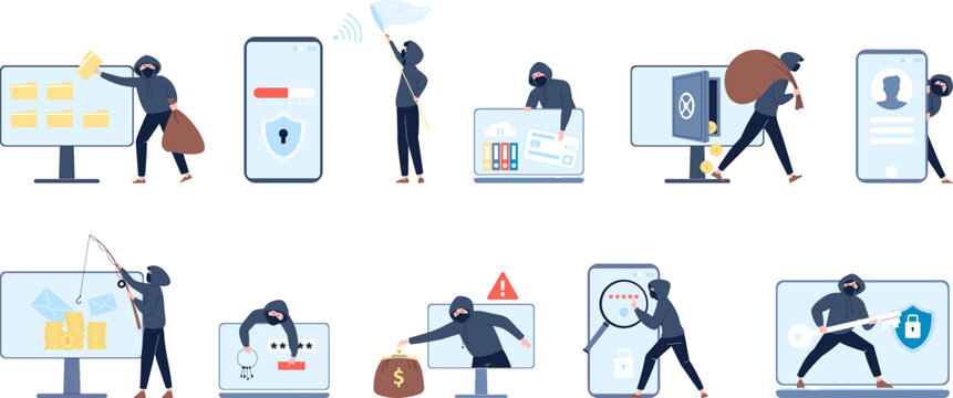 Hackers characters phishing security personal data. Hacker hack web information, phone scam and danger attack at mobile bank recent vector scenes