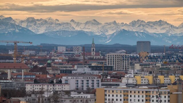 Munich panorama skyline aerial view time lapse munich germany in background alps mountains winter snow.