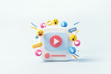 3d video live streaming with social media on blue background, Make money income from Social media online playing, 3d render illustration