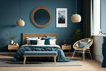 Scandinavian modern wood bedroom with blue toned rattan furniture, a frame mockup, a double bed with a duvet and pillows, a bench by the window, a carpet, a mirror, a lamp, and decorations. Parquet