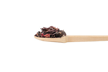 Dry hibiscus tea on wooden spoon isolated on white background. herb. herbal tea. food ingredient.