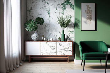 White and green tones dominate this Japandi living room. wooden dresser with a replica of a wall. wallpaper and a marble floor. contemporary interior design. Generative AI
