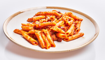  Delicious plate of italian macaroni with tomato sauce over isolated white background