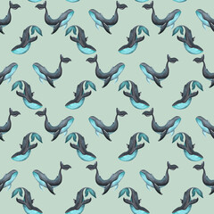 Big black whales with turquoise. Watercolor illustration. Seamless pattern from the collection of WHALES. For decoration and design of fabrics, textiles, wallpaper, wrapping paper, beach and summer.