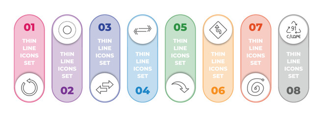 user interface infographic element with outline icons and 8 step or option. user interface icons such as restart, selectioned circle, opposite directions, double arrows, curve arrow, left reverse