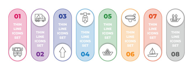 transport infographic element with outline icons and 8 step or option. transport icons such as prison bus, recycling truck, shift, motorbike, cargo ship, blimp, sail boat, galleon vector.