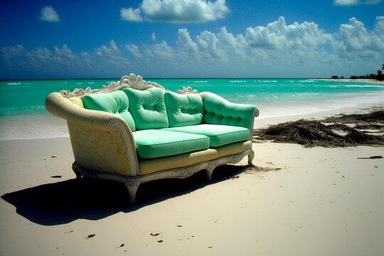 Luxurious turquoise sofa against the blue sky on the beach in the Dominican Republic. Generative AI
