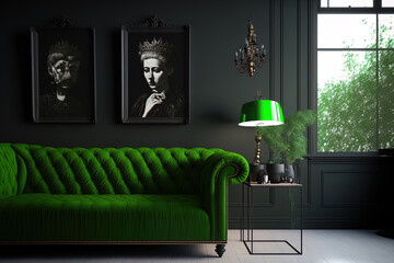 Green sofa in a black living room. Generative AI