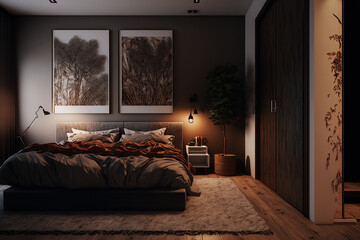 A contemporary bedroom with a built in closet, a rug on the wooden floor, a lit vertical poster on the wall close to the door, dark wood cabinets above the beige bed, and other decorations on the beds
