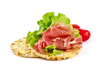 Italian prosciutto crudo or spanish jamon. Jerked meat, isolated on white background.