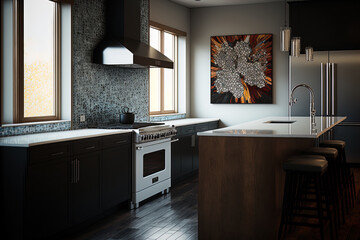 Interior of a mosaic kitchen featuring a dark wood bar with stools, white cabinets, a stove with two ovens, and a big vase. an angle. photograph with two exposures in tones. Generative AI