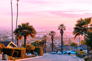 Hilltop landscape from Whittier, California overlooking los angeles and orange county during sunset with palm trees in a residential street.