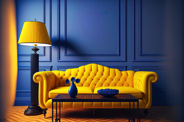 Yellow leather sofa, table, lamp, wood floor, and mouldings in a contemporary classic blue and yellow room. Generative AI