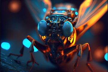 Glowing AI cyborg fly mosquito, menacing glowing, horror, digital, artificial intelligence, future, data, computer created with generative ai technology