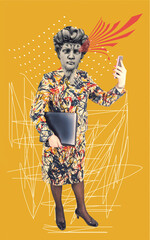 Funny buisness woman with statue head standing with laptop on color abstract background.