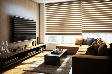 Modern interior living room design and decoration in earth tone and natural color furniture fabric sofa tv on woonden wall sunlight from blinds window. condominium showcase. Generative AI - obrazy, fototapety, plakaty