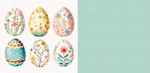 set of eggs in whimsical watercolor, cute Easter eggs collection. Copy space, text space. Easter, holiday. Illustration, generative art