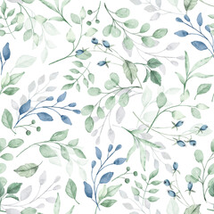 Fototapeta na wymiar Seamless pattern with watercolor leaves, repeat floral texture, background hand drawing. Perfectly for wrapping paper, wallpaper, fabric, texture and other printing.