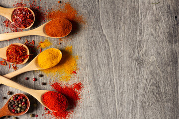 Variety of spices in spoon at table background. Cooking concept and ingredients on kitchen