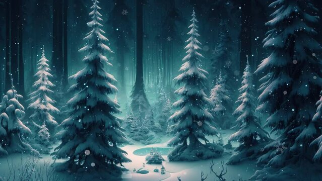 Snow falling forest in winter Christmas trees animated background