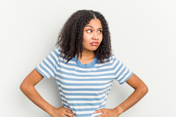 Young african american woman isolated on white background confused, feels doubtful and unsure.