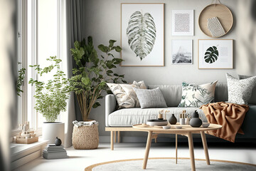 A chic arrangement of imaginative living room interior design features a mock up painting of the space's structure, a corner sofa, a coffee table, textiles, and individual accessories. Scandinavian tr