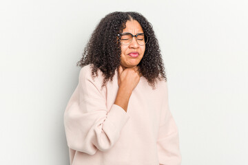Young african american woman isolated on white background suffers pain in throat due a virus or infection.