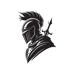 Medieval knight in armor, vector logo. Simple clean modern icon of a warrior with shield and helmet going to battle. Military soldier. Idea of protection, security. Business mascot. Sword badge. - obrazy, fototapety, plakaty