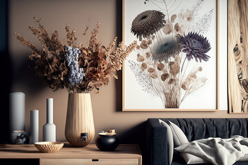 Modern home decor in the living room includes a wooden coffee table, a mock up poster frame, beautiful dried flowers in a vase, decorations, and personal accessories. Generative AI
