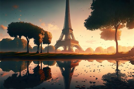 Beautiful Paris Eiffel Tower landscape near the river, surreal painting, with sun reflection
