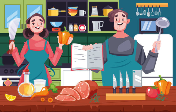 Couple man woman characters cooking food dish meal together on kitchen. Meat fish and vegetable food concept. Vector cartoon graphic design element illustration
