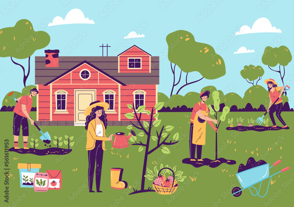 Wall mural gardeners people man woman characters working in garden farm land concept. gardening spring summer t