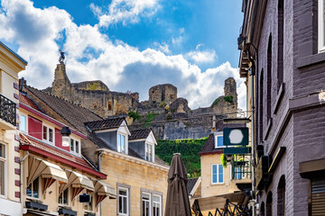 Cityscape of the idyllic old town Valkenburg with view to the fortress, Netherlands