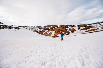 Reykjadalur hot spring thermal river in southwest winter Iceland