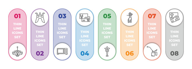 other infographic element with outline icons and 8 step or option. other icons such as chandeliers, samurai head of japan, microvawe, hair cut business card, star prize, belly dance, oil can, idea