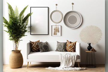 Scandi Boho interior design mockup with white wall backdrop and mockup frames. Generative AI