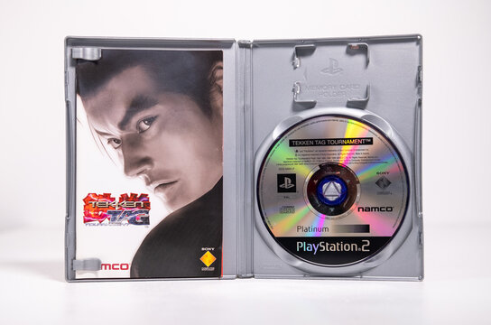 london, uk, 08.05.2023 A Tekken Tag Tournament Platinum Sony PlayStation 2 2002 ps2 video game case and dvd games. rare game fighting home arcade system video games.