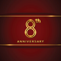8 / Eight Years Anniversary Logo with Shiny Golden Number on Red Background Isolated. 8th / Eighth Celebration Event. Can Use for Poster, Invitation and Greeting Card. Easily Editable Vector.