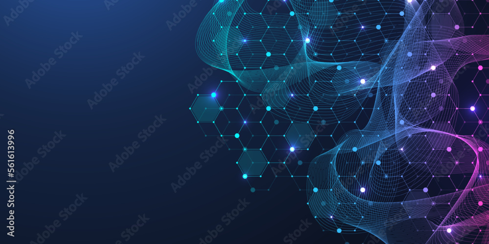 Fototapete Technology abstract lines and dots connect background with hexagons. Hexagons connection digital data and big data concept. Hex digital data visualization. Vector illustration