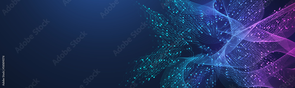 Poster Quantum computer technologies concept. Futuristic blue circuit board background vector. Modern technology circuit board texture background design. Waves flow. Quantum explosion technology.